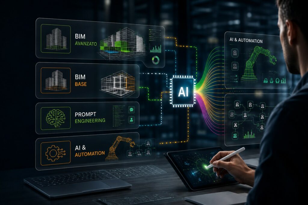Professionista che utilizza un tablet in un ambiente tecnologico con interfacce olografiche dedicate a BIM Base, BIM Avanzato, Prompt Engineering e AI & Automation. Visual futuristico che rappresenta innovazione digitale, intelligenza artificiale e formazione professionale.