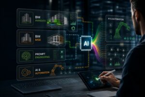 Professionista che utilizza un tablet in un ambiente tecnologico con interfacce olografiche dedicate a BIM Base, BIM Avanzato, Prompt Engineering e AI & Automation. Visual futuristico che rappresenta innovazione digitale, intelligenza artificiale e formazione professionale.