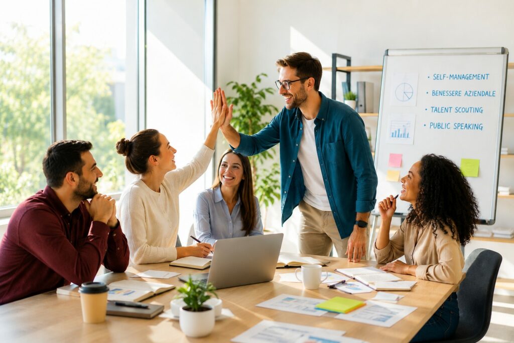 team di professionisti riuniti in un meeting di management in un ufficio moderno, due colleghi si scambiano il cinque, mentre gli altri partecipano con entusiasmo. sullo sfondo si vede una lavagna con i 4 temi formativi: self-management, benessere aziendale, talent scouting e public speaking. l'immagine rappresenta collaborazione e crescita personale.