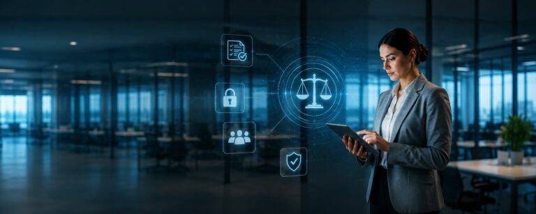 Professionista in ufficio utilizza un tablet davanti a un’interfaccia digitale con simboli di sicurezza, conformità e intelligenza artificiale, rappresentando AI Act, innovazione e regolamentazione digitale