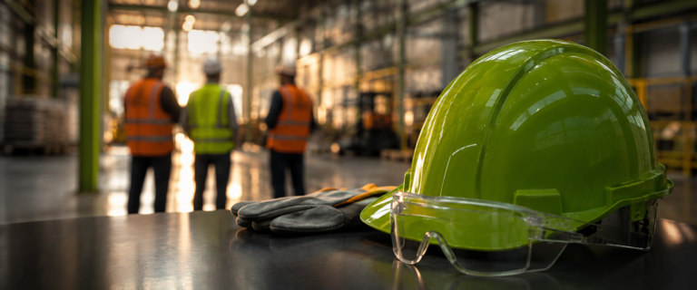 Casco di sicurezza verde, occhiali protettivi e guanti da lavoro in primo piano all’interno di un ambiente industriale, con lavoratori sullo sfondo.